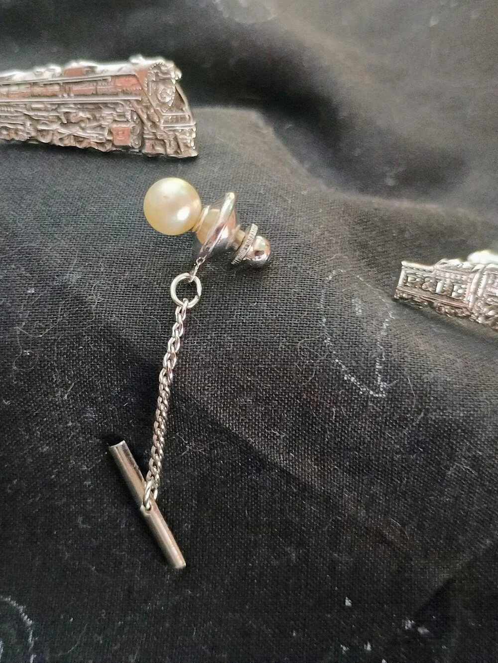 Vintage Train Cufflinks And Pearl Tie Tac